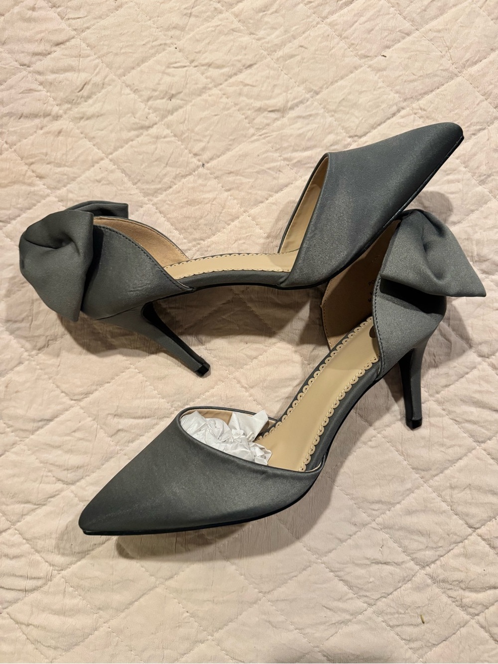 Journee Collection Gray Satin Pointed D'Orsay Heels with Bow